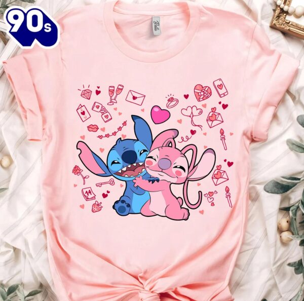 Vintage Disney Lilo And Stitch Hug Couple Valentine Sweet T-Shirt Gift Summer