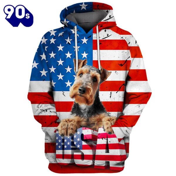 Welsh Terrier Dog 3D Face Graphic Premium America Flag Hoodie   Gift Christmas