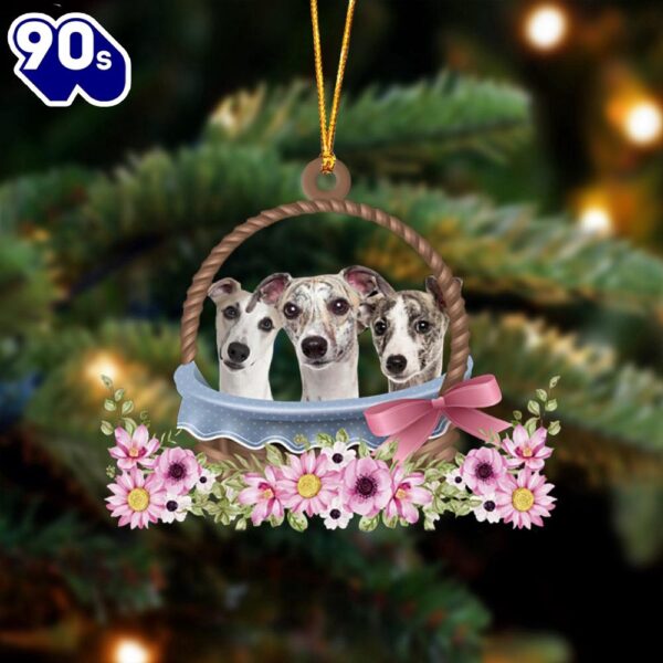 Whippet Dogs In The Basket Ornament, Gift For Christmas