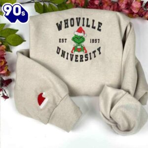 Whoville University Grinch With Heart Christmas Embroidered Crewneck Shirt