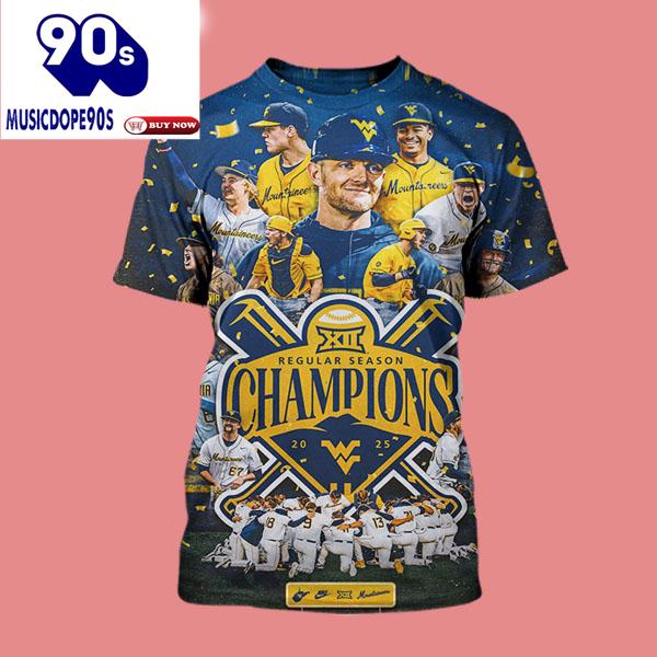 WVU Baseball Celebrates The Mountaineers Wins Big 12 Champions Regular Season Champions 2025 Shirt WVU Baseball Celebrates The Mountaineers Wins Big 12 Champions Regular Season Champions 2025 Shirt