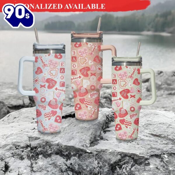 XO Love Tumbler 40oz with Handle and Straw Pink Hearts Tumbler Valentine’s Day Tumbler – 40oz Tumbler with Handle