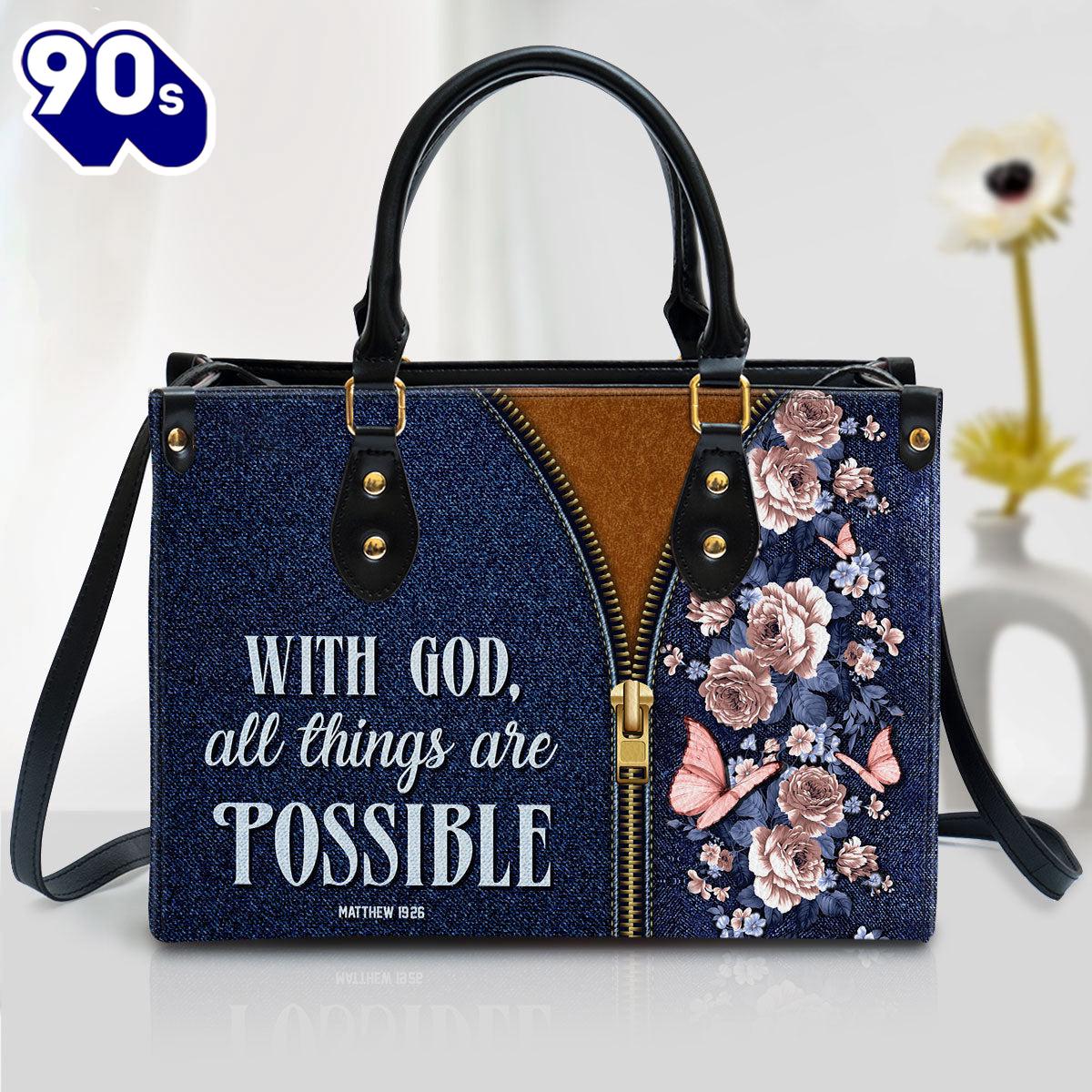 Zippered Leather Handbag With Handle With God All Things Are Possible Matthew 1926 Christ Gifts Leather Bags Gift For Women Christmas Zippered Leather Handbag With Handle With God All Things Are Possible Matthew 1926 Christ Gifts Leather Bags Gift For Women Christmas